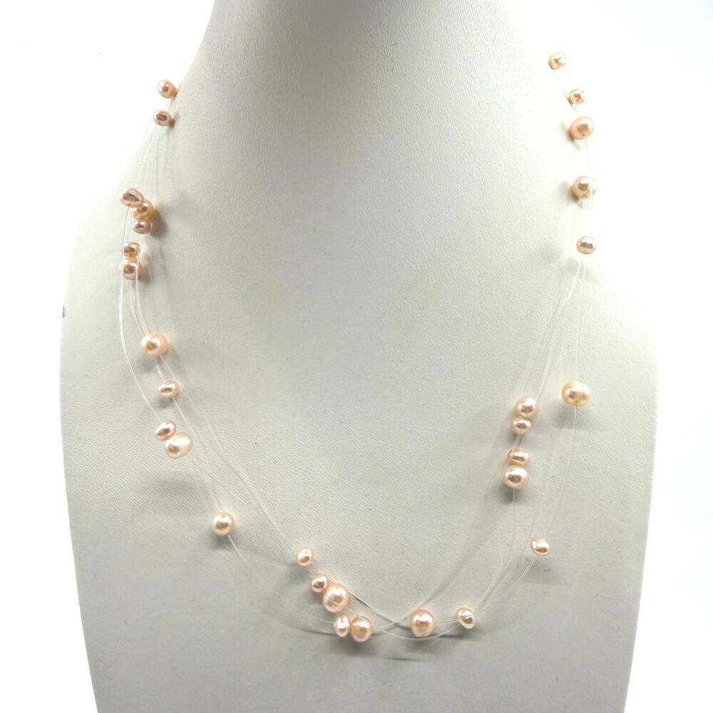 Multi-Strand Floating Pink Pearl Necklace Delicate Illusion Chain Boho Wedding